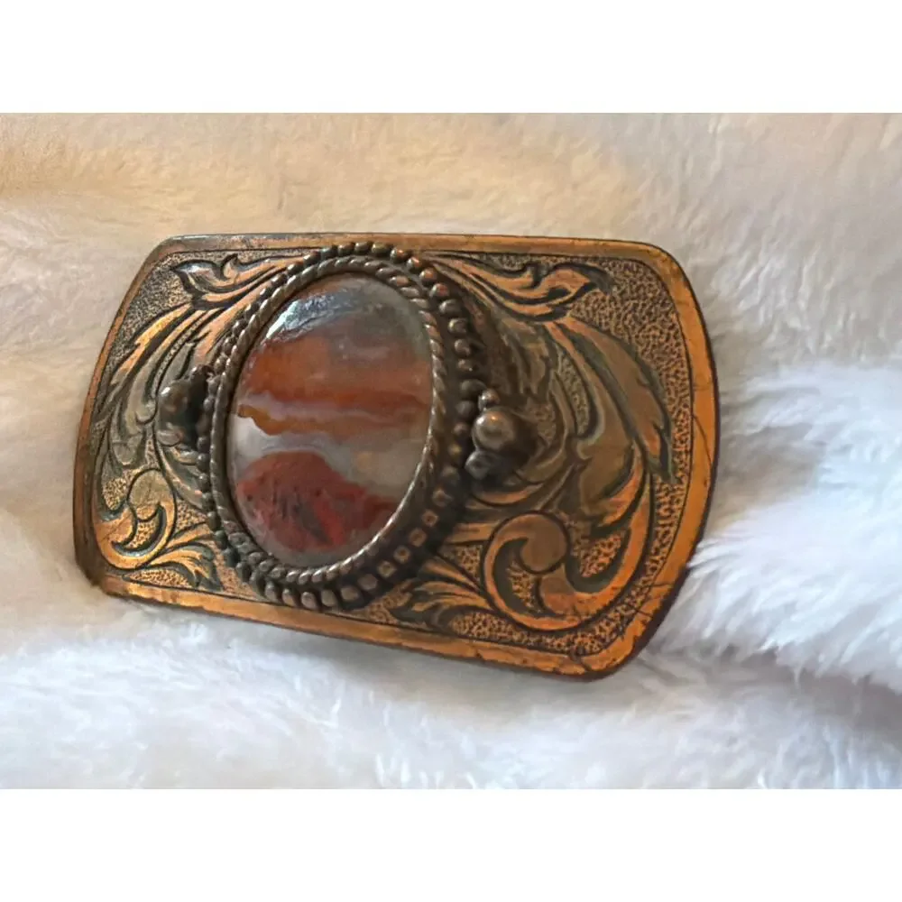Vintage Western Belt Buckle Natural Agate Stone Scroll Engraved Brass Tone